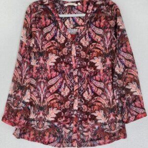 Soft Surroundings Shirt Womens XS Pink Paisley Tasha Shimmer Long Sleeve Blouse